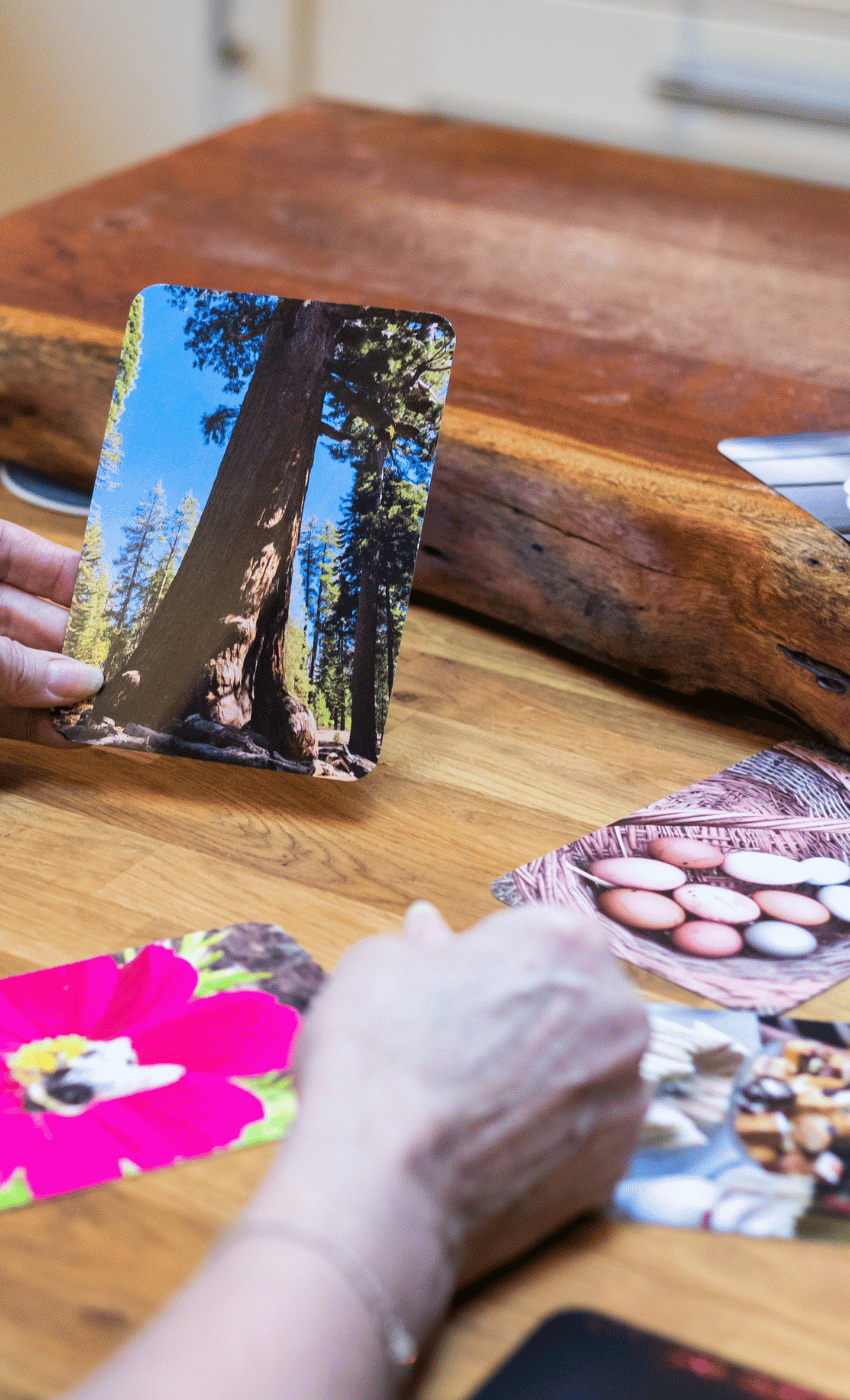 Max holding a photo of a tree, using visual cards as part of a coaching or supervision session at Max Purpose Psychology.