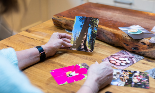 Max holding a photo of a tree, using visual cards as part of a coaching or supervision session at Max Purpose Psychology.